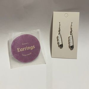 White bead safety pin dangling earrings